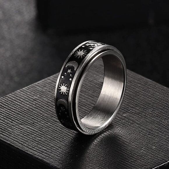 316L Stainless Silver Sun Moon & Stars Fidget Anxiety Stress Relieving Spin Ring - Picture 3 of 4